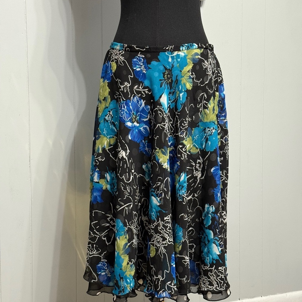 Chico's Black and Blue Floral A-Line Skirt with 2 Layer